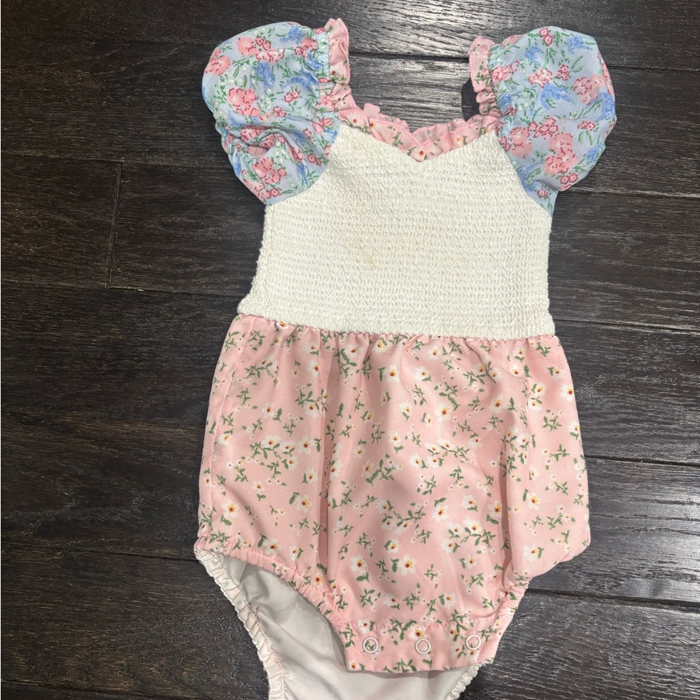 Ivy City Co Pink Floral Smocked Baby Romper with Blue Puff Sleeves Emily